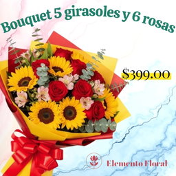 BOUQUETE DE 5 GIRASOLES Y 6 ROSAS