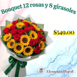 BOUQUETE 12 ROSAS Y 8 GIRASOLES