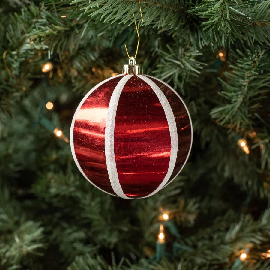 4" Segmented Stripe Ball Ornament: Red & White (Set of 2)_0