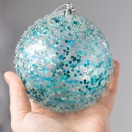 4" Iced Sequin Ball Ornament: Aqua Blue_1