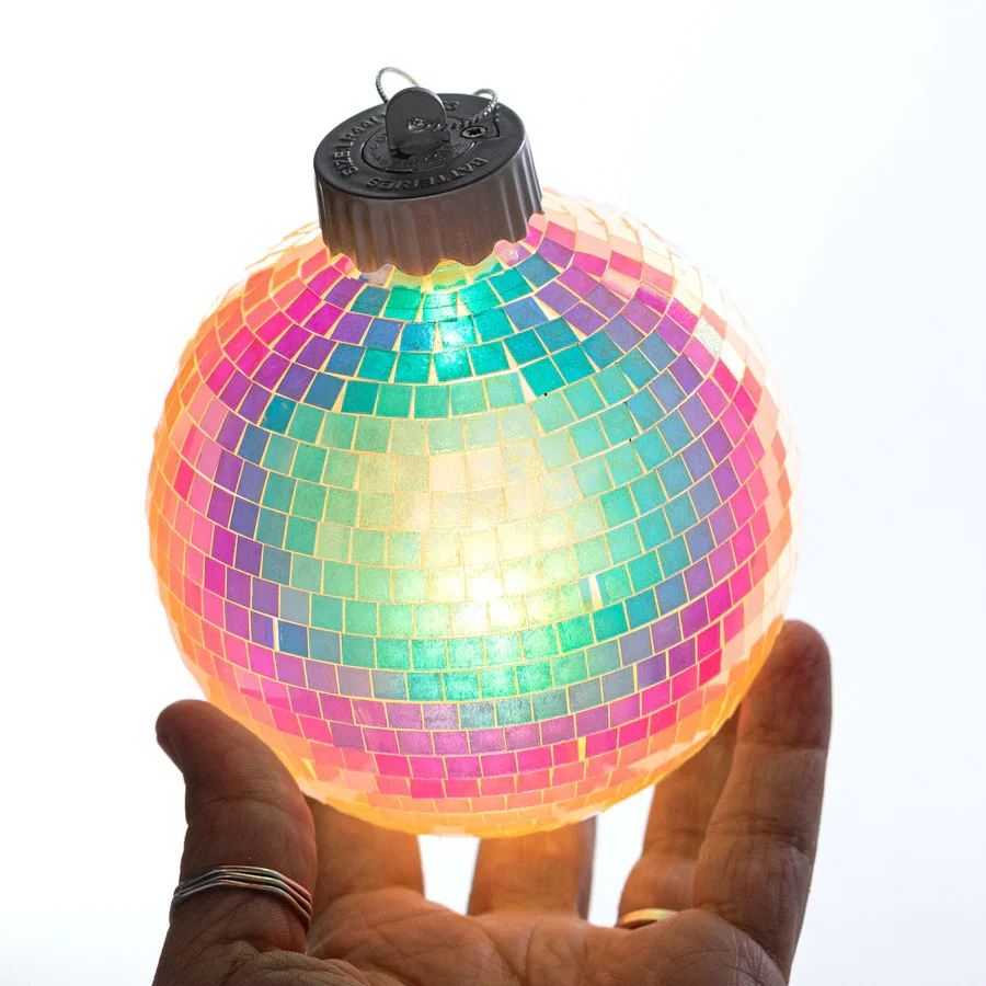 100mm Light-Up Mirror Disco Ball Ornament: Iridescent White_3