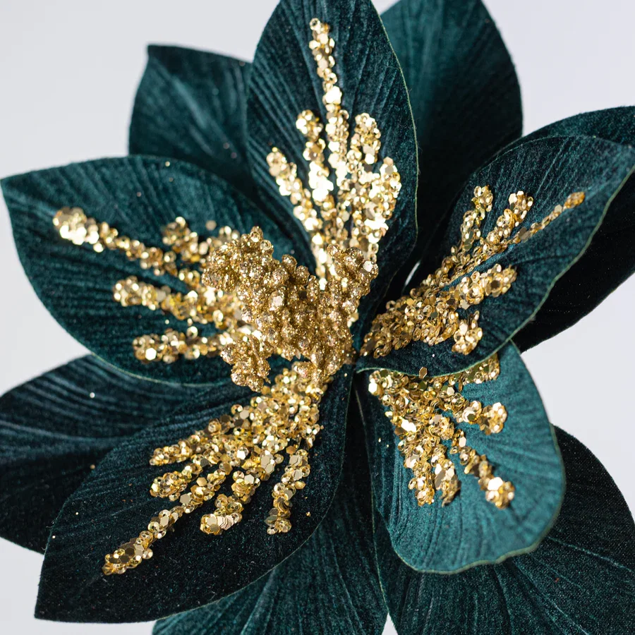 Sequined Velvet Poinsettia Stem: Hunter Green & Gold_1