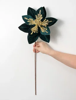 Sequined Velvet Poinsettia Stem: Hunter Green & Gold