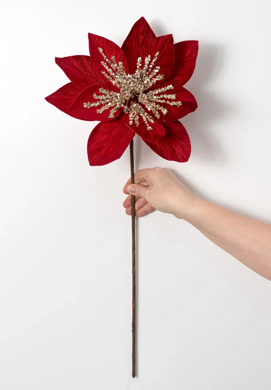 Sequined Velvet Poinsettia Stem: Red & Champagne_2