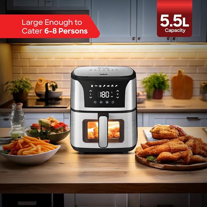 SANFORD Digital Air Fryer 5.5L with Visible Window, 5.5L Large Capacity, 1500W, Touch Control LED Display, 7 Presets, 360° Heat Circulation, Oil-Free Cooking, Timer & Temperature Control_2