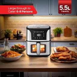 SANFORD Digital Air Fryer 5.5L with Visible Window, 5.5L Large Capacity, 1500W, Touch Control LED Display, 7 Presets, 360° Heat Circulation, Oil-Free Cooking, Timer & Temperature Control
