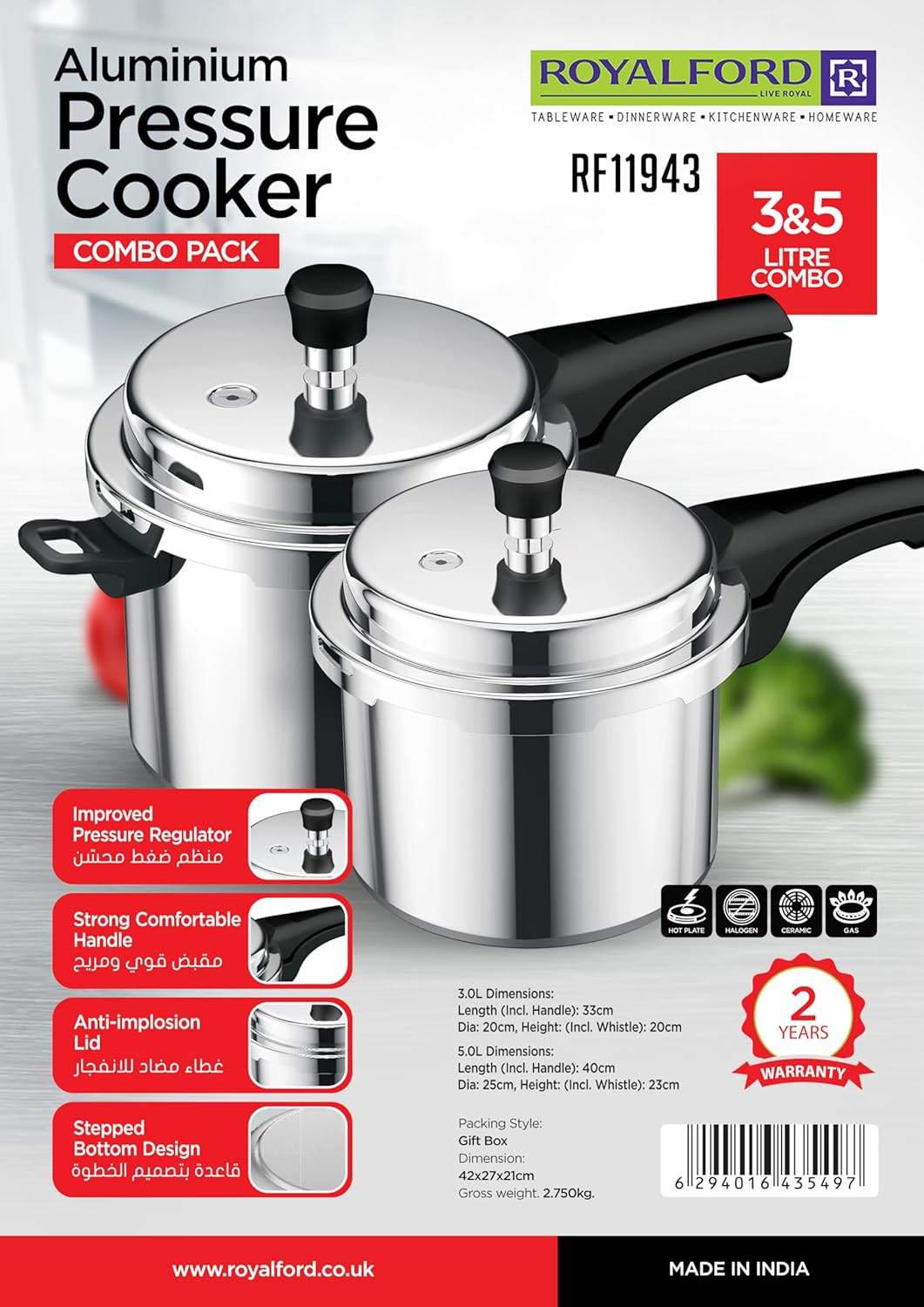 Royalford 3L & 5L Combo Aluminum Pressure Cooker- RF11943 Equipped with Improved Pressure Regulator, Handle, Anti Implosion Lid and Stepped Bottom Design_1