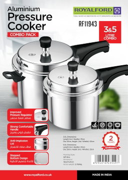 Royalford 3L & 5L Combo Aluminum Pressure Cooker- RF11943 Equipped with Improved Pressure Regulator, Handle, Anti Implosion Lid and Stepped Bottom Design