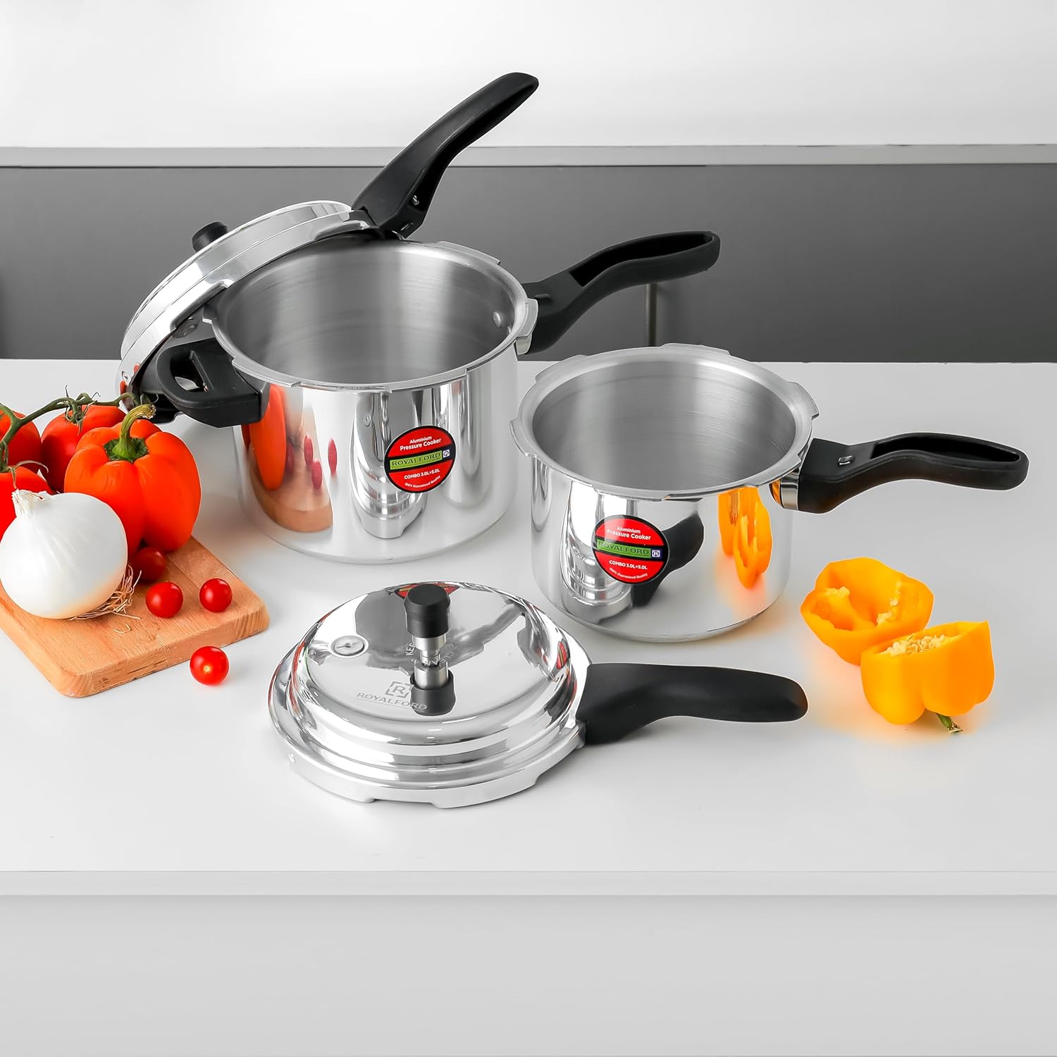 Royalford 3L & 5L Combo Aluminum Pressure Cooker- RF11943 Equipped with Improved Pressure Regulator, Handle, Anti Implosion Lid and Stepped Bottom Design_2