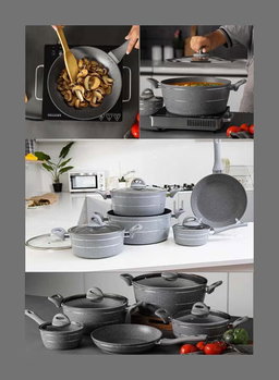 Royalford 9 Pieces Smart Granite Series Cookware Set Forged Aluminium Durable Granite Coating Grey 30x12.8cm