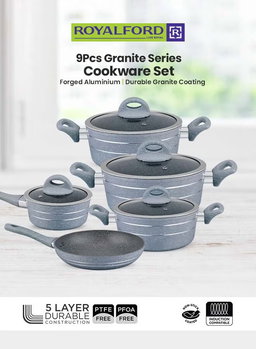 Royalford 9 Pieces Smart Granite Series Cookware Set Forged Aluminium Durable Granite Coating Grey 30x12.8cm