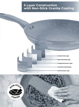Royalford 9 Pieces Smart Granite Series Cookware Set Forged Aluminium Durable Granite Coating Grey 30x12.8cm