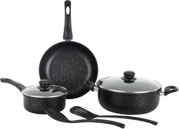 Royalford Cookware Set Elite RF12622 Durable 7pc Cooking Set Non-stick Stewpots 24/26cm+lids Saucepan 16cm frypan 24cm Aluminium Cookware Pots and Pan Black
