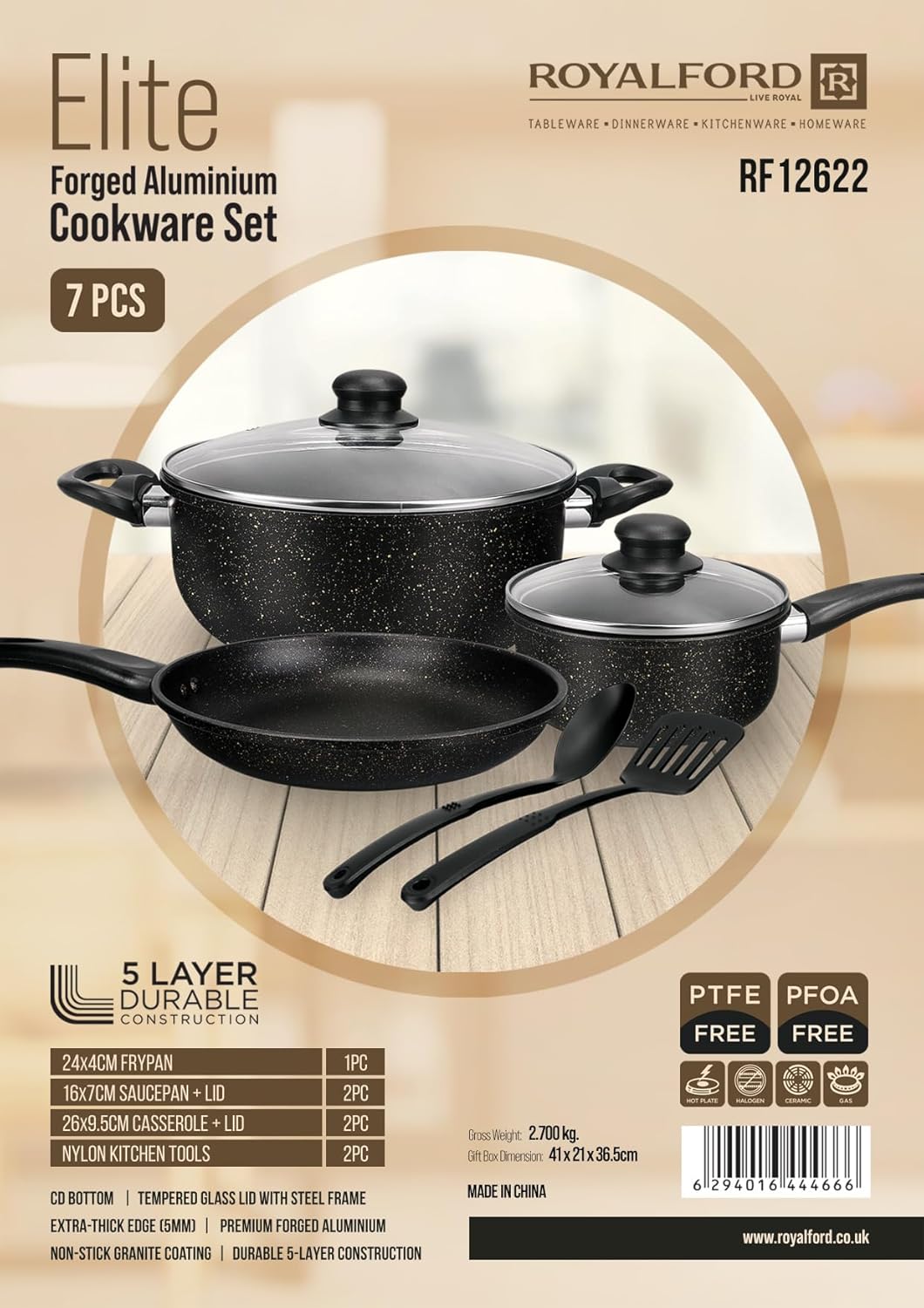 Royalford Cookware Set Elite RF12622 Durable 7pc Cooking Set Non-stick Stewpots 24/26cm+lids Saucepan 16cm frypan 24cm Aluminium Cookware Pots and Pan Black_4