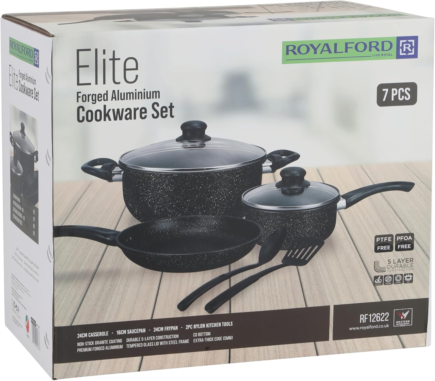 Royalford Cookware Set Elite RF12622 Durable 7pc Cooking Set Non-stick Stewpots 24/26cm+lids Saucepan 16cm frypan 24cm Aluminium Cookware Pots and Pan Black_0