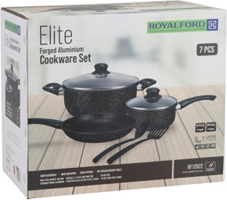 Royalford Cookware Set Elite RF12622 Durable 7pc Cooking Set Non-stick Stewpots 24/26cm+lids Saucepan 16cm frypan 24cm Aluminium Cookware Pots and Pan Black
