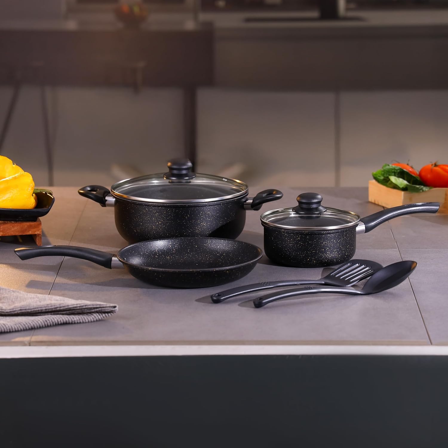 Royalford Cookware Set Elite RF12622 Durable 7pc Cooking Set Non-stick Stewpots 24/26cm+lids Saucepan 16cm frypan 24cm Aluminium Cookware Pots and Pan Black_7