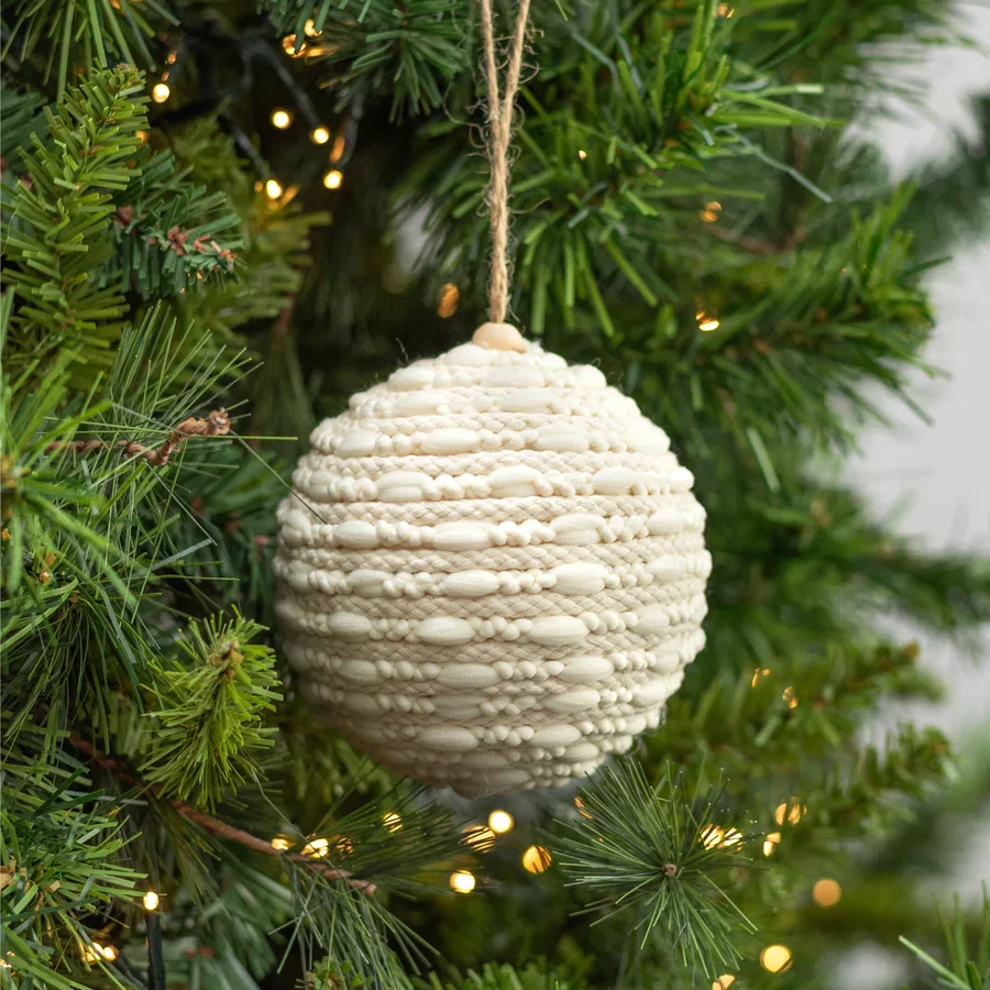 4" Tufted Braided Stripe Ornaments: Cream (Set of 2)