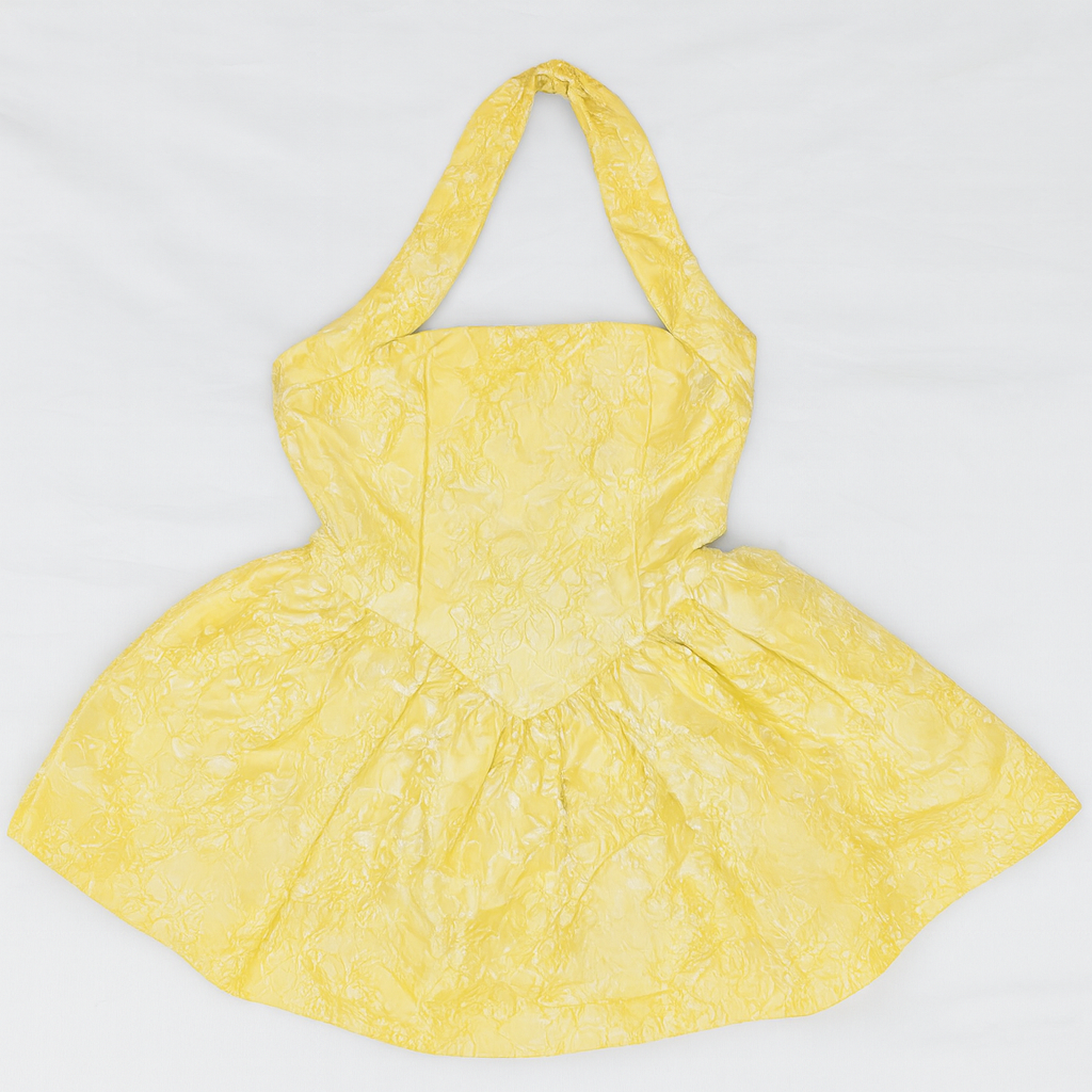 Vestido corto amarillo con cuello halter y falda amplia - Size M
