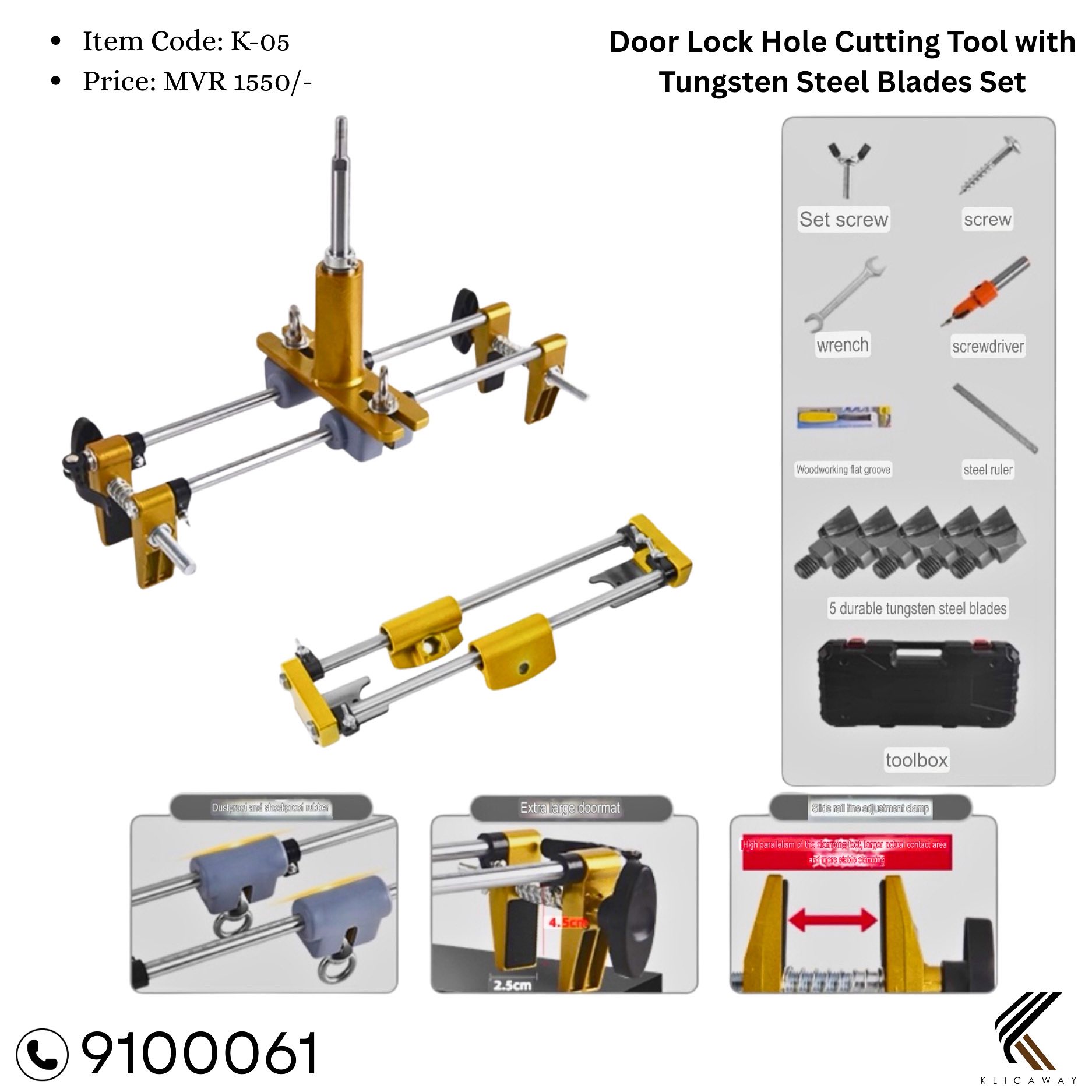 Door Lock Hole Cutting Tool Kit with 5 Tungsten Steel Blades