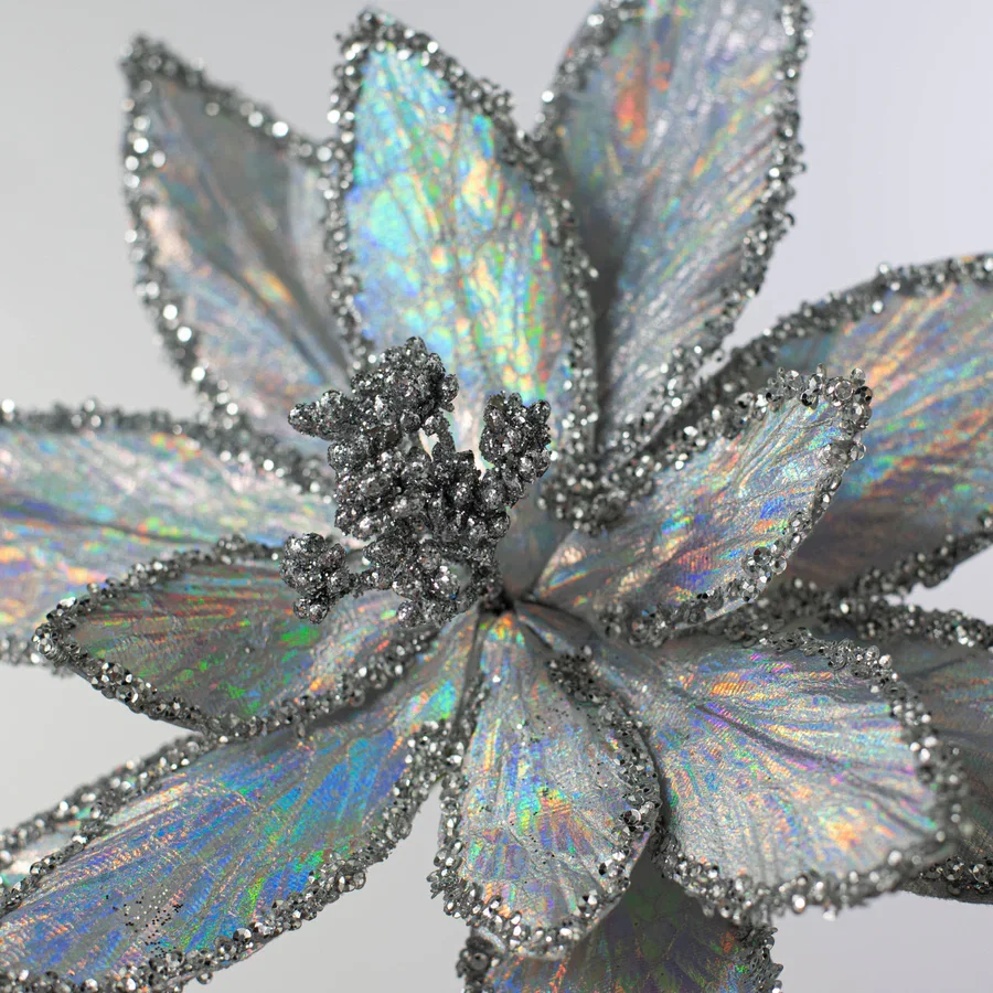 24" Iridescent Poinsettia Pearl Stem: Silver_2