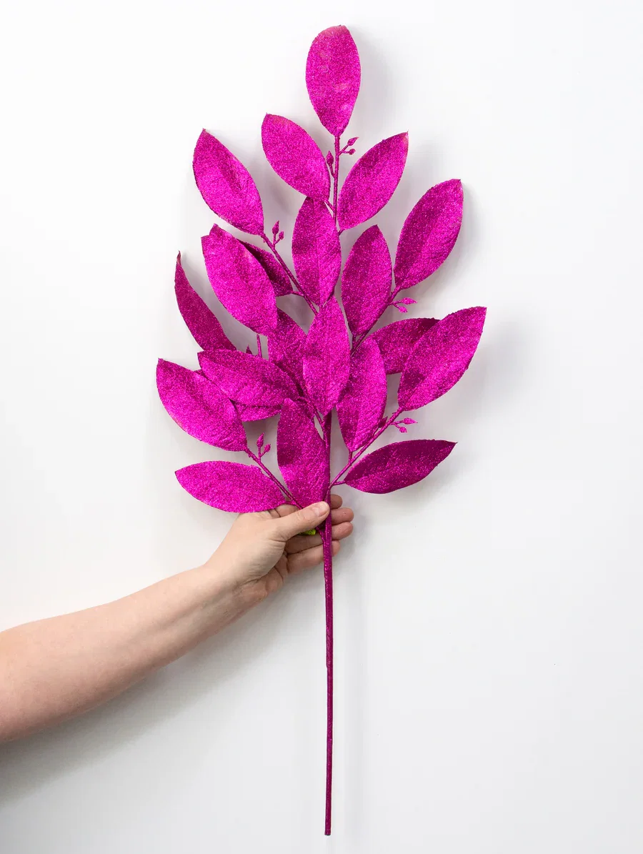 30" Glitter Leaves Spray: Fuchsia Hot Pink_2