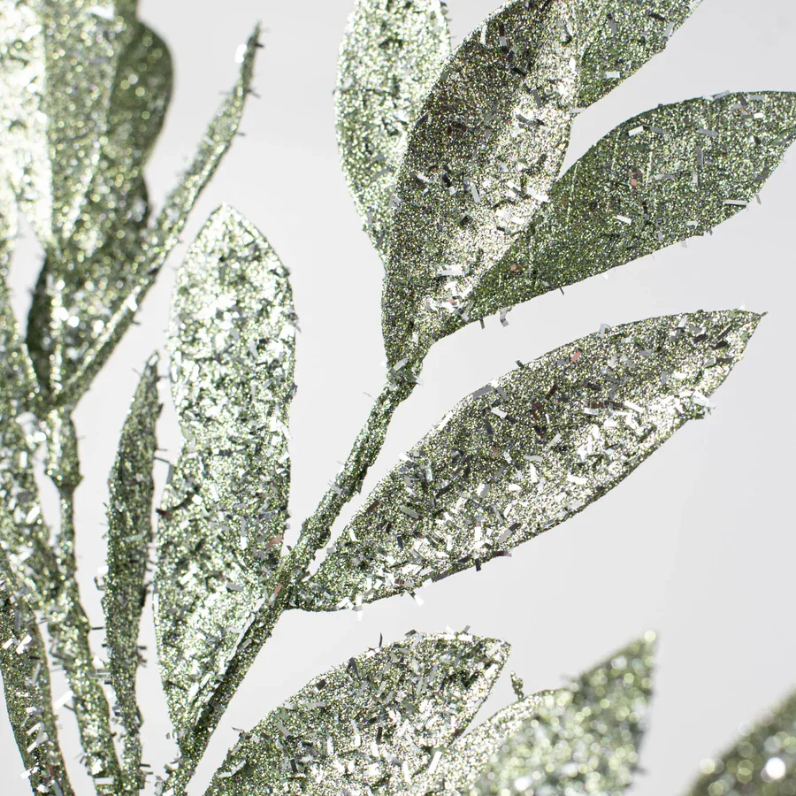 23" Tinsel Glitter Bay Leaf Spray: Sage Green_1