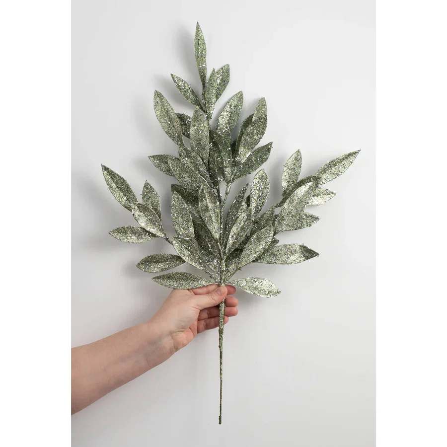 23" Tinsel Glitter Bay Leaf Spray: Sage Green_2