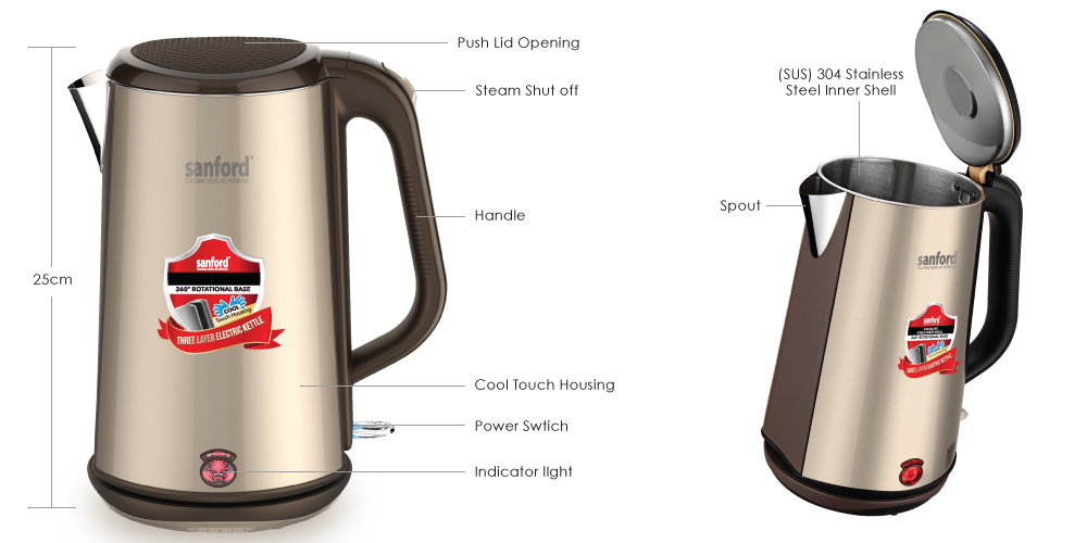 SANFORD 1.7 Liter - Food Grade Three Layer Electric Kettle 360º Rotational Design_2