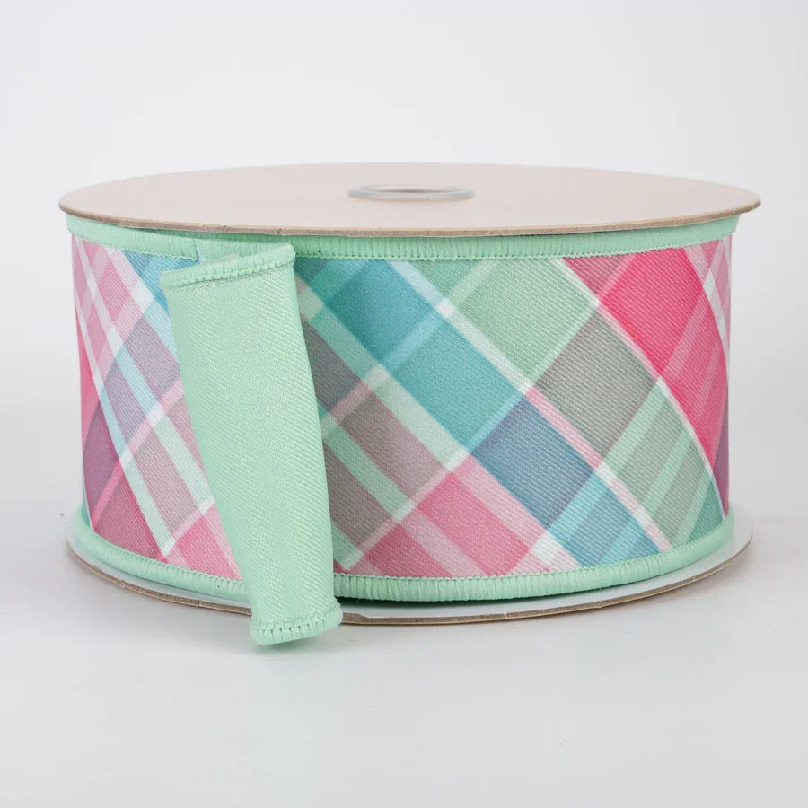 2.5" Double Sided Fused Diagonal Plaid Ribbon: Teal, Pink & Mint (10 Yards)_1