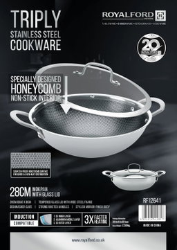 Royalford 28cm Non-Stick Wokpan with Lid RF12641 Triply Stainless Steel Special Honeycomb Design 3X Faster Heating Induction Compatible