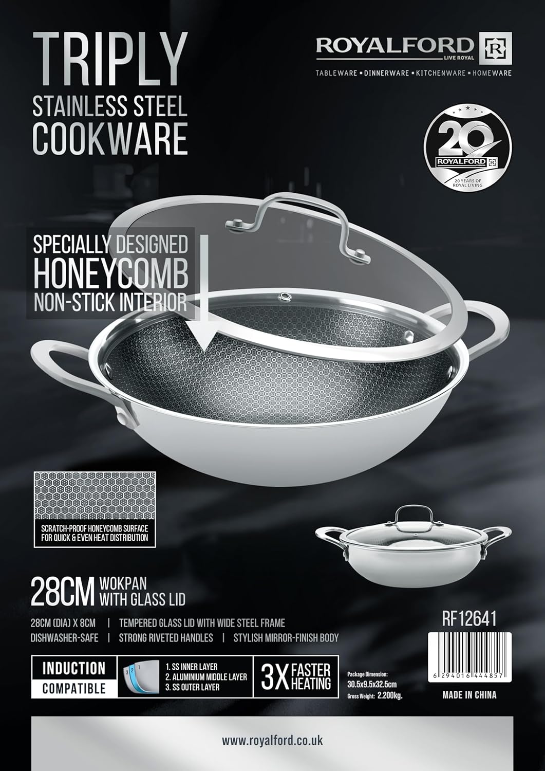 Royalford 28cm Non-Stick Wokpan with Lid RF12641 Triply Stainless Steel Special Honeycomb Design 3X Faster Heating Induction Compatible