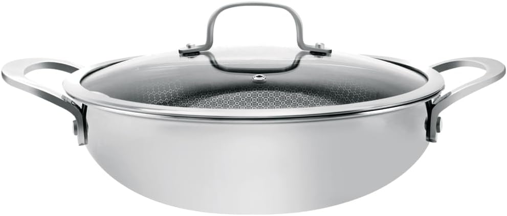 Royalford 28cm Non-Stick Wokpan with Lid RF12641 Triply Stainless Steel Special Honeycomb Design 3X Faster Heating Induction Compatible_1