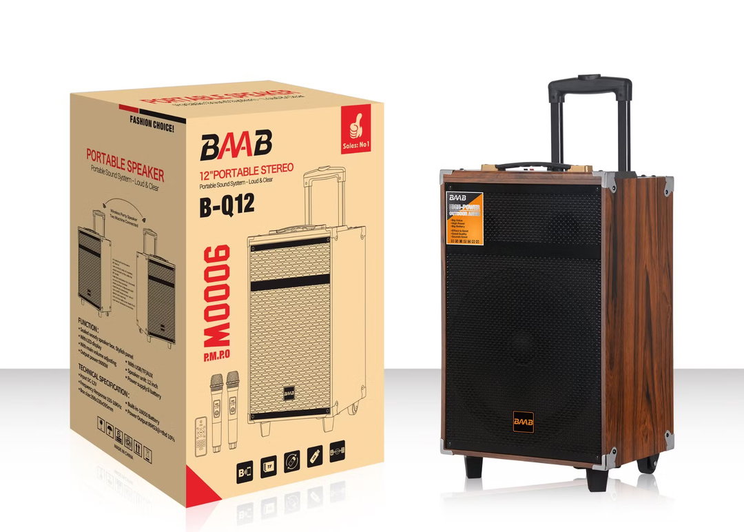 BAAB B-Q 8 Upgrade Portable Trolley Wireless Bluetooth DJ Karaoke PRO Party Wooden Speaker