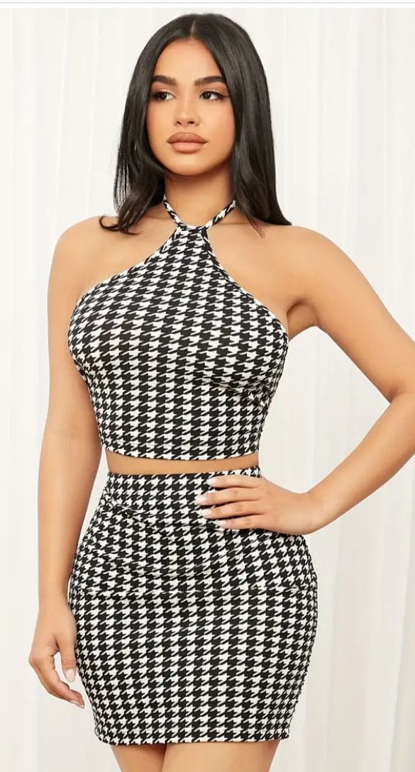 SHEIN SXY Houndstooth Print Backless Halter Top & Bodycon Skirt _0