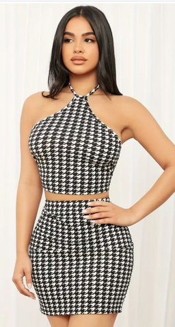 SHEIN SXY Houndstooth Print Backless Halter Top & Bodycon Skirt 