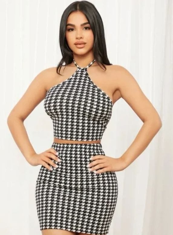 SHEIN SXY Houndstooth Print Backless Halter Top & Bodycon Skirt _1