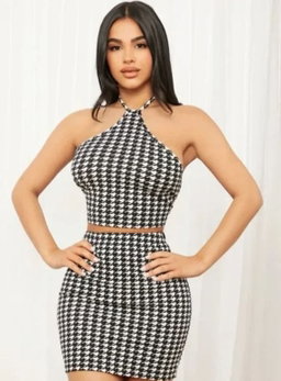SHEIN SXY Houndstooth Print Backless Halter Top & Bodycon Skirt 
