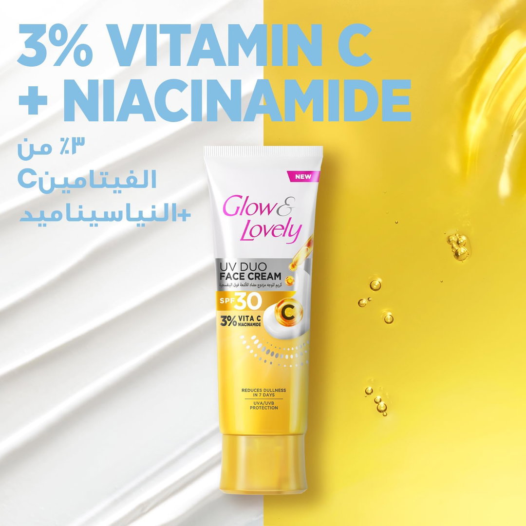 GLOW & LOVELY UV Duo Face Cream, SPF 30, with 3% Vitamin C and Niacinamide, Reduces Dullness in 7 Days, UVA and UVB Protection 100g