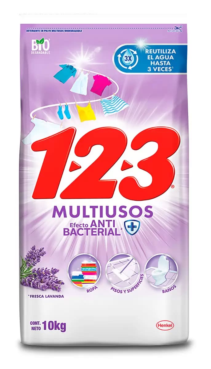 1-2-3 Jabón en polvo multiusos con efecto antibacterial, lavanda 10 kg