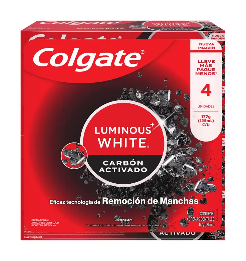 Colgate Luminous white crema dental anticaries con flúor y carbón activado 4 x 125 ml