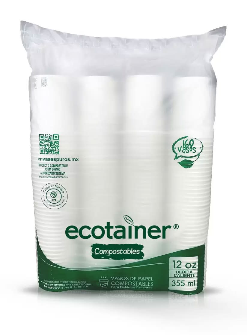 Ecotainer Vasos compostables con capacidad de 12 oz 160 un_0