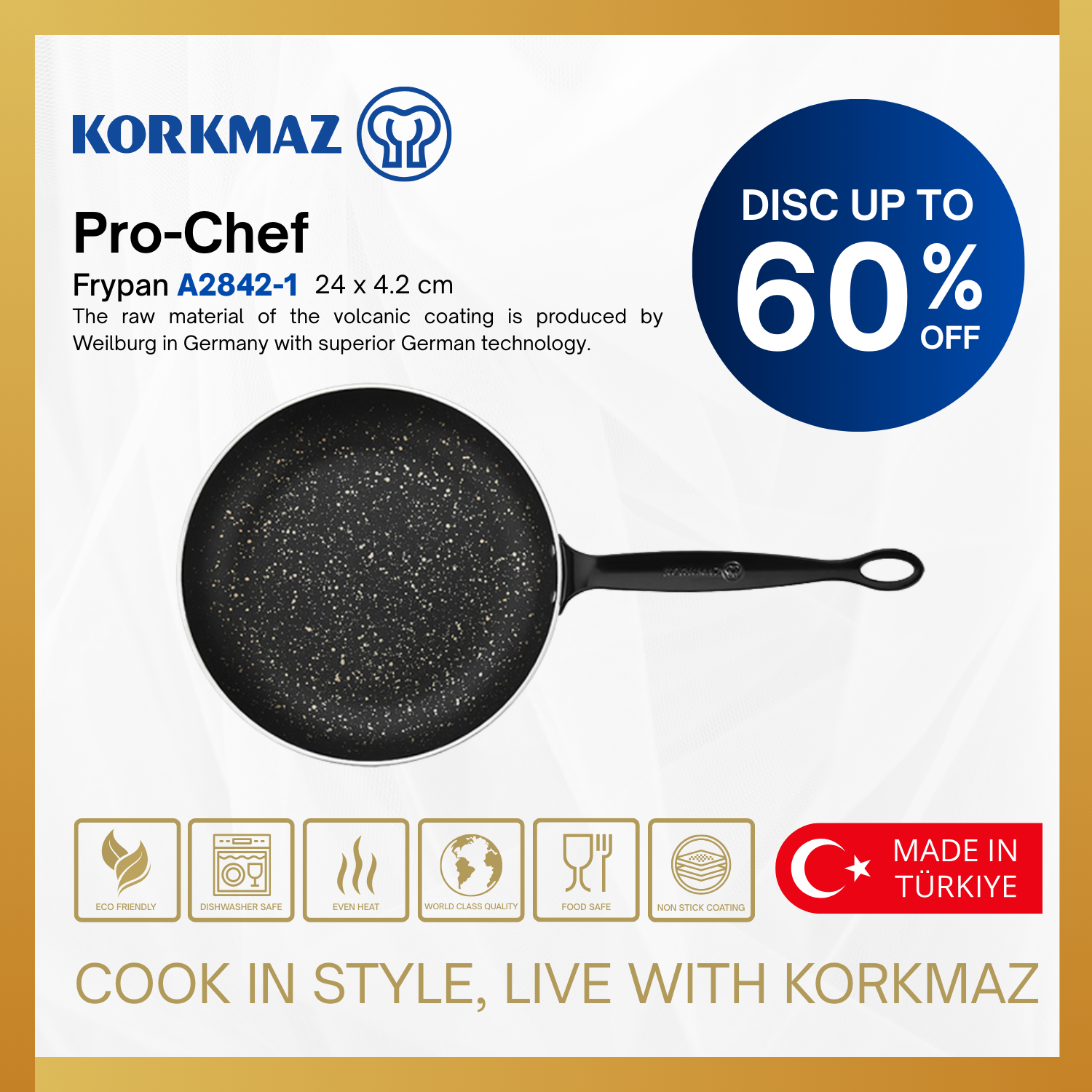 FRYPAN INDUKSI KORKMAZ PRO-CHEF FRYPAN 24 x 4.2 cm / 1.5 Lt. FRYPAN ANTI LENGKET PREMIUM COOKING WARE NON-STICK,_0