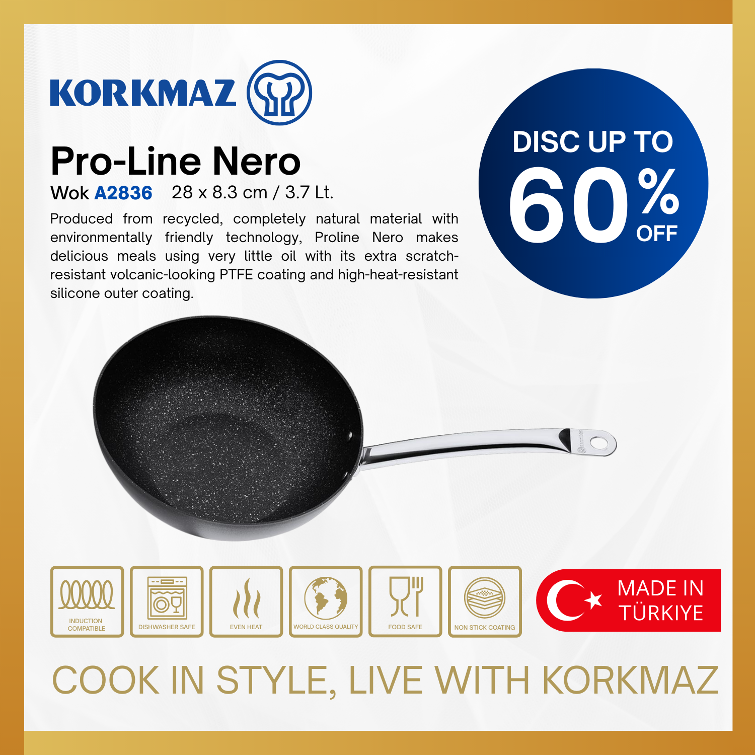 KORKMAZ PRO-LINE NERO WOK NON-STICK PREMIUM COOKING WARE , SUITABLE FOR INDUCTION_2