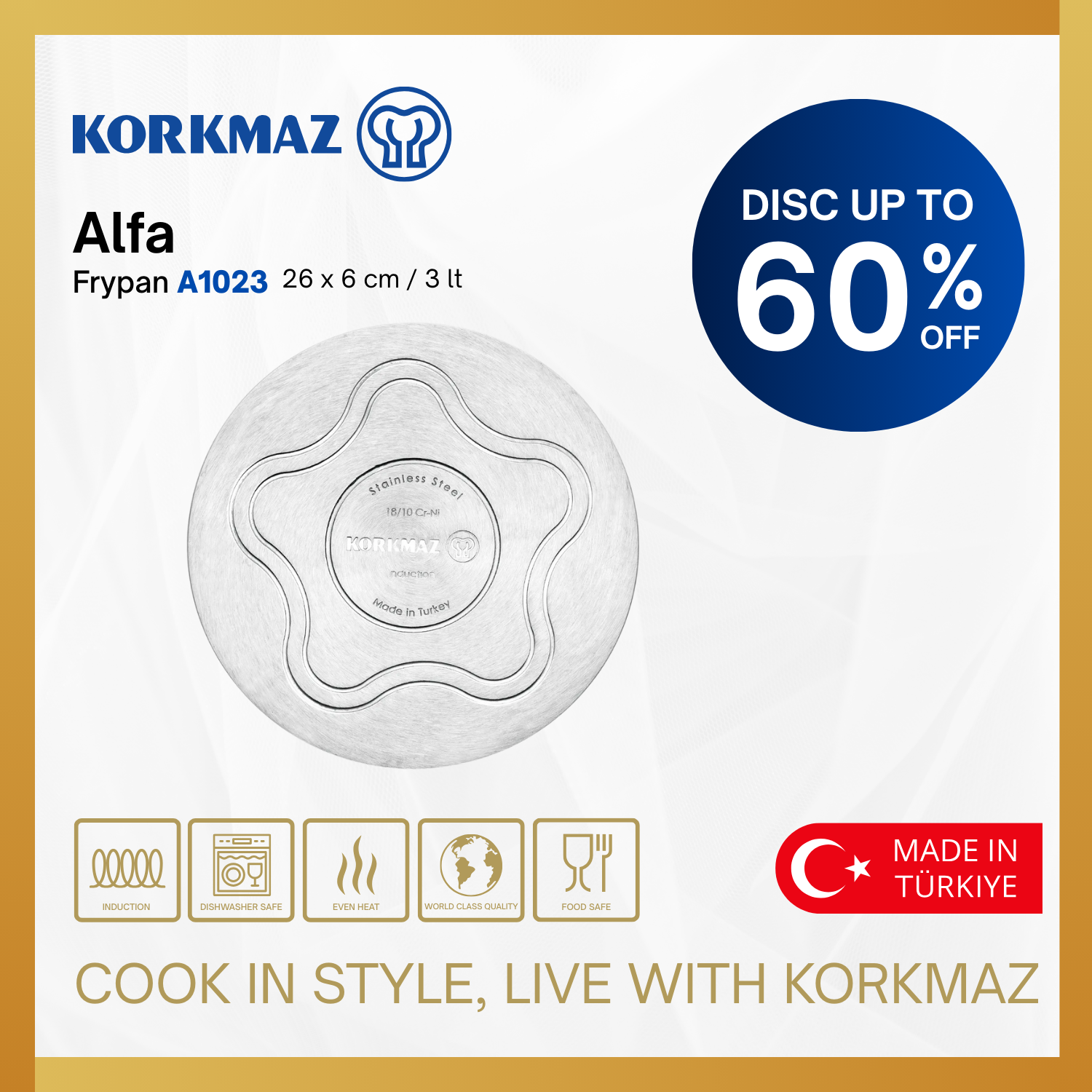 KORKMAZ ALFA FRYPAN 26 x 6 cm / 3.0 Lt. NON-STICK PREMIUM COOKING WARE, SUITABLE FOR INDUCTION KITCHENWARE _1
