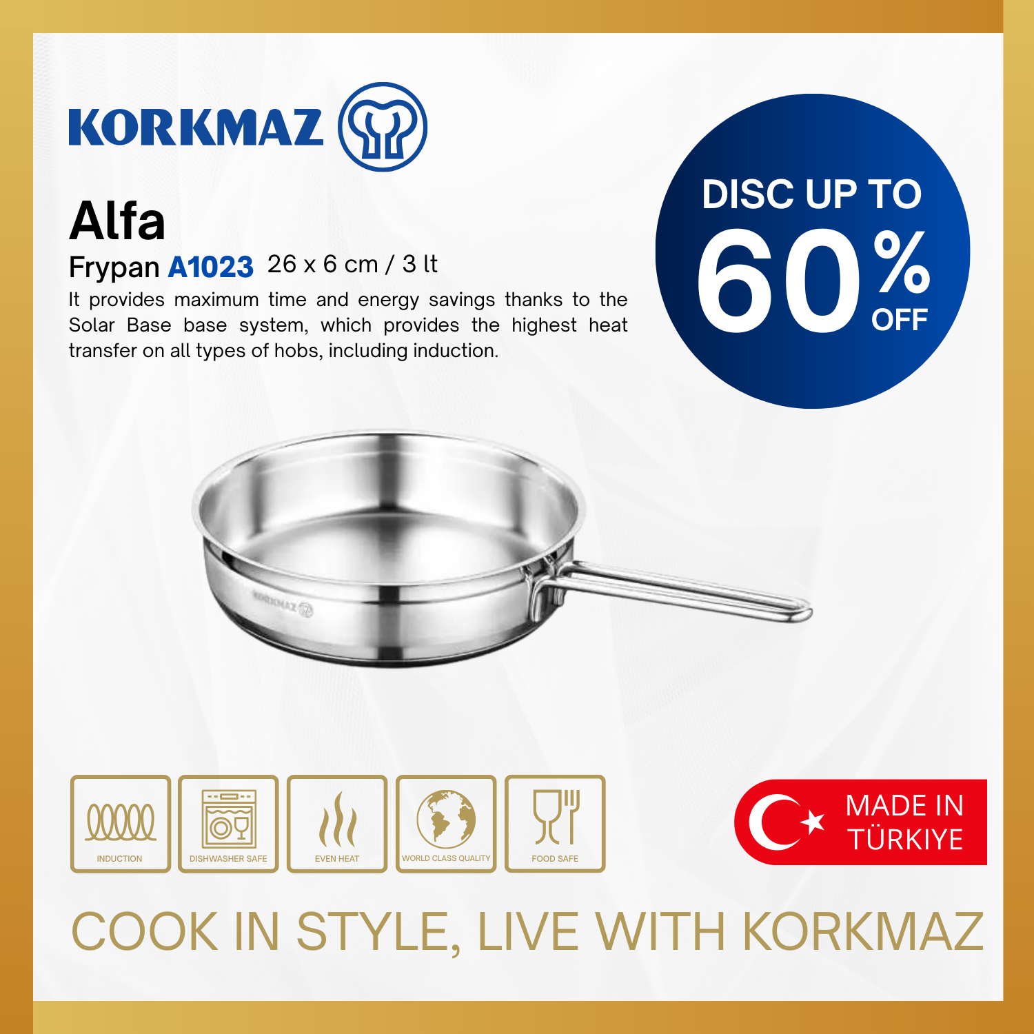 KORKMAZ ALFA FRYPAN 26 x 6 cm / 3.0 Lt. NON-STICK PREMIUM COOKING WARE, SUITABLE FOR INDUCTION KITCHENWARE _0