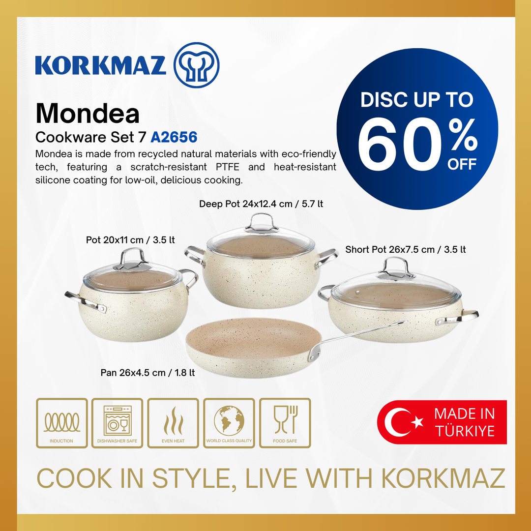 KORKMAZ PREMIUM COOKING WARE MONDEA SET 7 PCS NON-STICK, NOT SUITABLE FOR INDUCTION