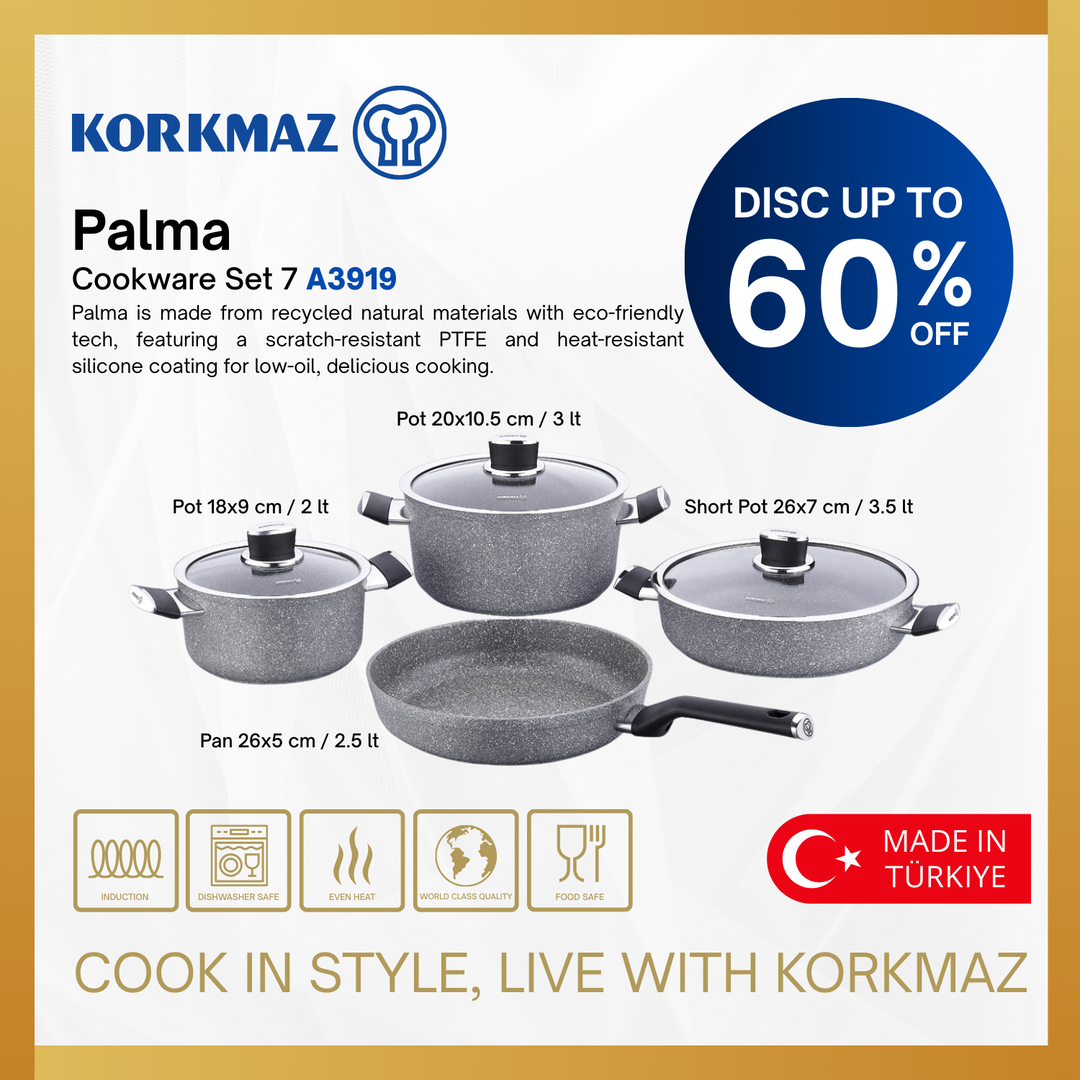 KORKMAZ PREMIUM COOKING WARE PALMA SET 7 PCS NON-STICK, SUITABLE FOR INDUCTION 