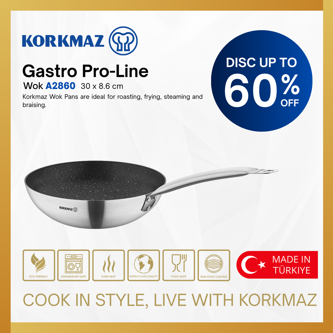 KORKMAZ GASTRO PROLINE WOK PREMIUM STAINLESS STEEL 30 x 8.6 cm / 4.7 Lt. NON-STICK INDUCTION COMPATIBLE & EVEN HEAT DISTRIBUTION