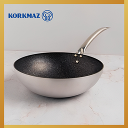 KORKMAZ GASTRO PROLINE WOK PREMIUM STAINLESS STEEL 30 x 8.6 cm / 4.7 Lt. NON-STICK INDUCTION COMPATIBLE & EVEN HEAT DISTRIBUTION
